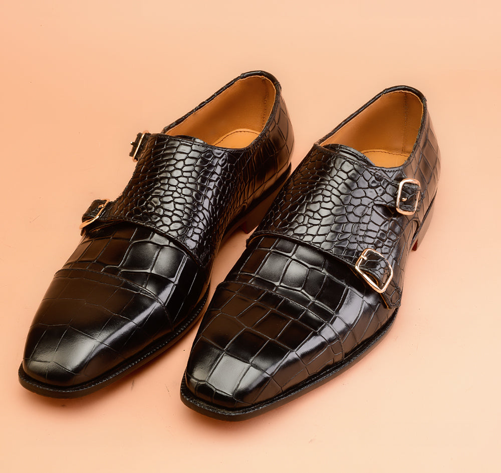 Christian louboutin Black Crocodile-Embossed Double Monk-Strap Shoes for Men | Handcrafted Calfskin Leather