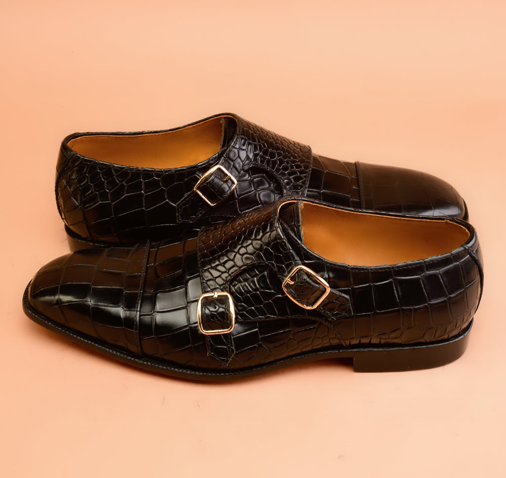 Christian louboutin Black Crocodile-Embossed Double Monk-Strap Shoes for Men | Handcrafted Calfskin Leather