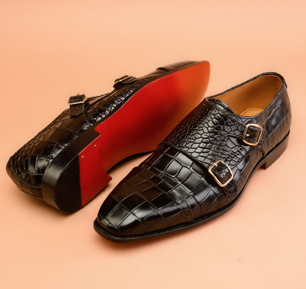 Christian louboutin Black Crocodile-Embossed Double Monk-Strap Shoes for Men | Handcrafted Calfskin Leather