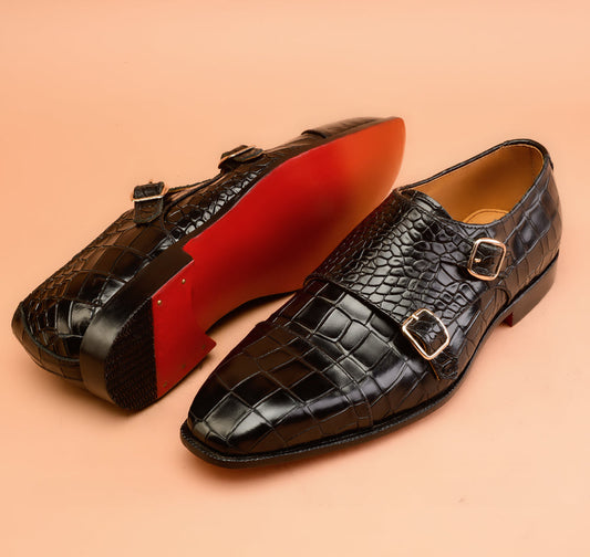 Christian louboutin Black Crocodile-Embossed Double Monk-Strap Shoes for Men | Handcrafted Calfskin Leather