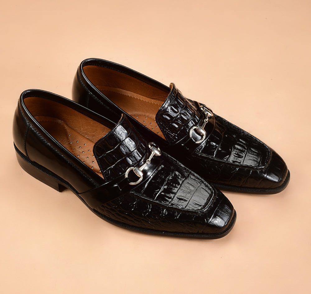 The Classic Crocodile Embosed Black Loafers