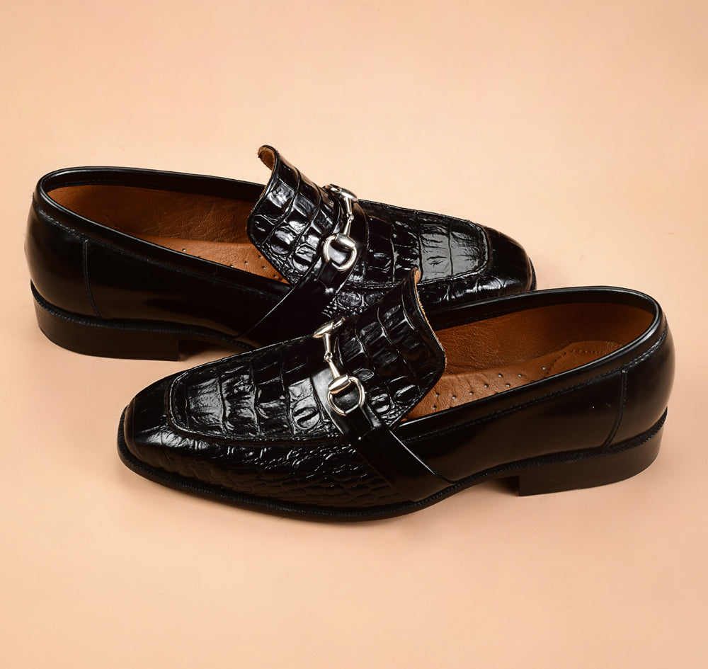 The Classic Crocodile Embosed Black Loafers
