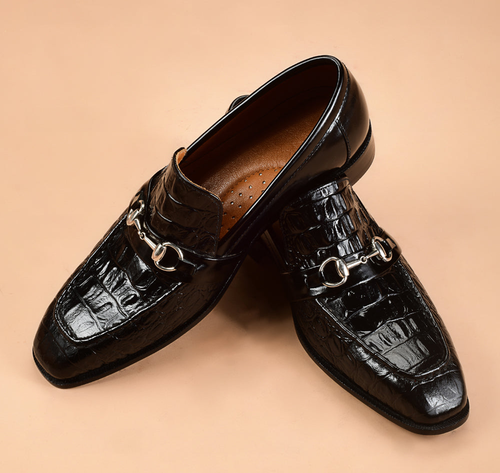 The Classic Crocodile Embosed Black Loafers