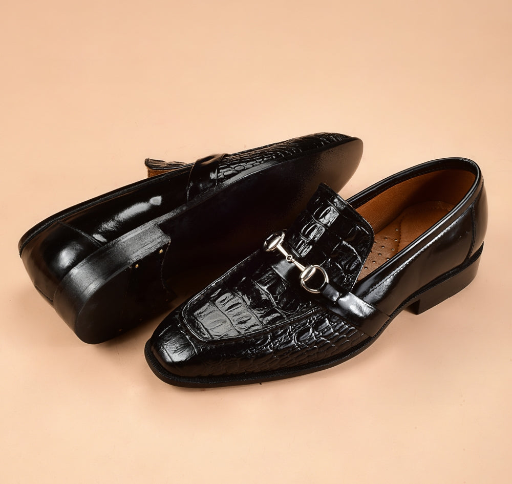 The Classic Crocodile Embosed Black Loafers