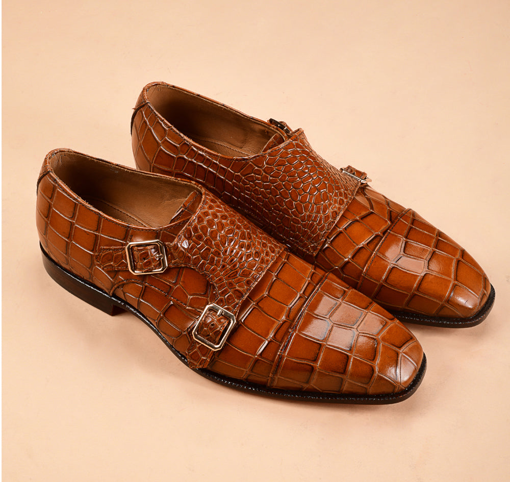 Christian louboutin Ochre Crocodile-Embossed Double Monk-Strap Shoes for Men | Handcrafted Calfskin Leather