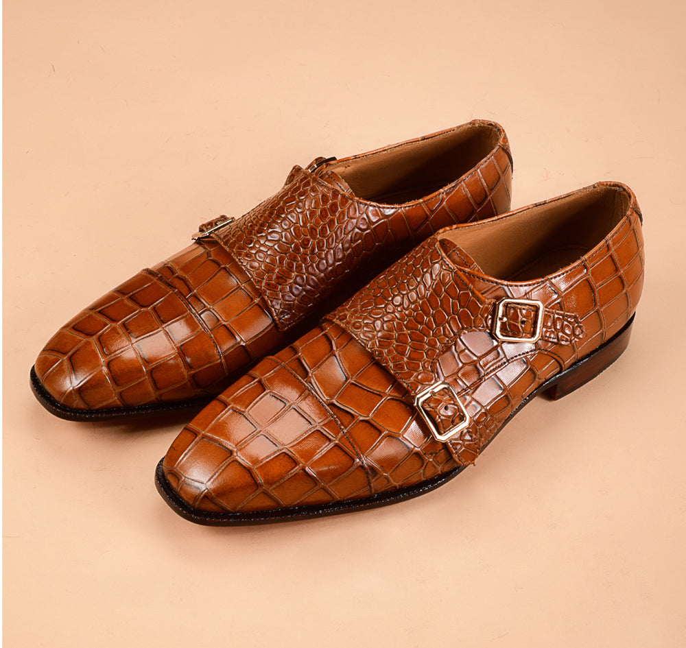 Christian louboutin Ochre Crocodile-Embossed Double Monk-Strap Shoes for Men | Handcrafted Calfskin Leather
