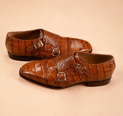 Christian louboutin Ochre Crocodile-Embossed Double Monk-Strap Shoes for Men | Handcrafted Calfskin Leather