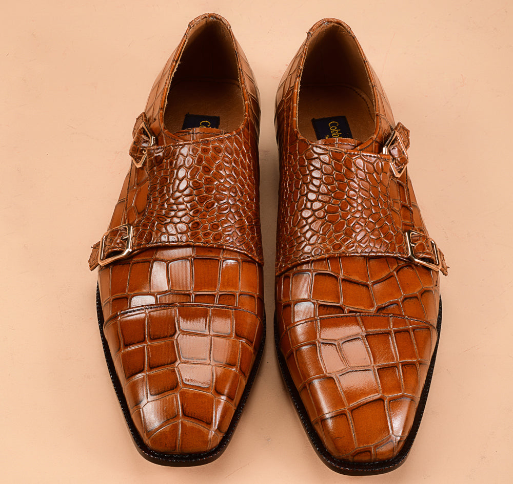 Christian louboutin Ochre Crocodile-Embossed Double Monk-Strap Shoes for Men | Handcrafted Calfskin Leather