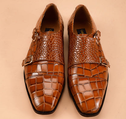 Christian louboutin Ochre Crocodile-Embossed Double Monk-Strap Shoes for Men | Handcrafted Calfskin Leather
