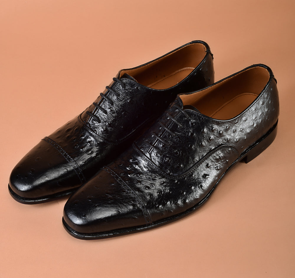 Ostrich Embossed Black Oxfords Dress Shoes