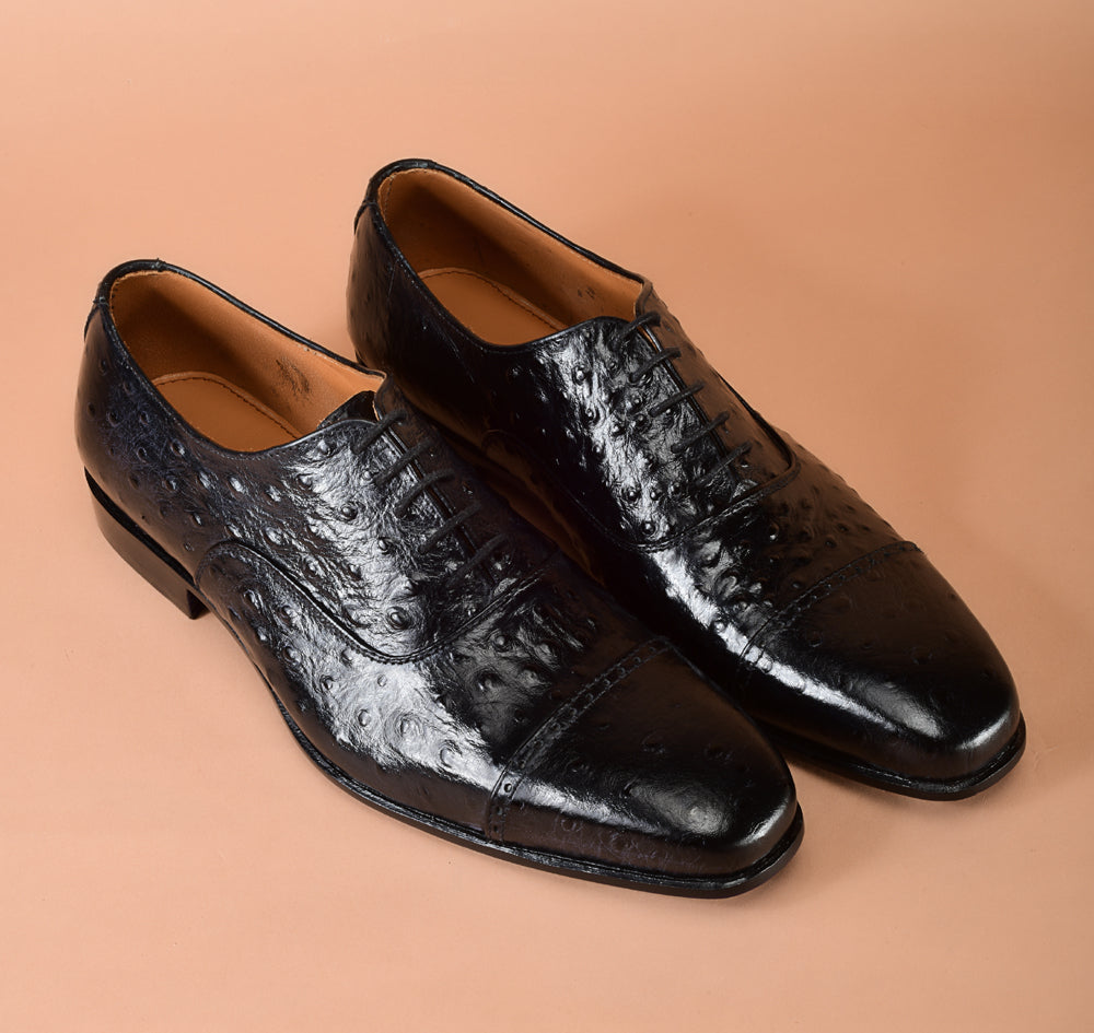 Ostrich Embossed Black Oxfords Dress Shoes