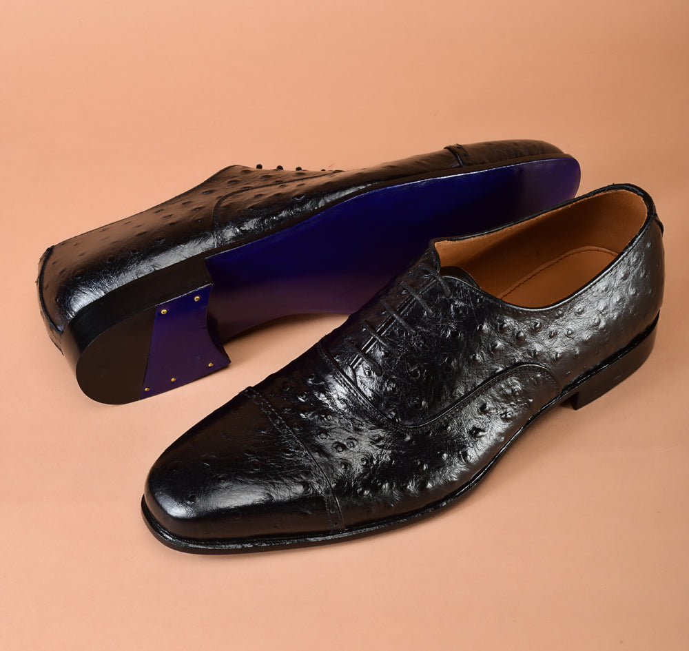 Ostrich Embossed Black Oxfords Dress Shoes