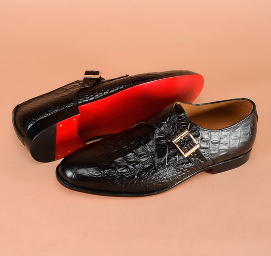 Christian louboutin Black Crocodile-Embossed Single Monk-Strap Shoes for Men | Handcrafted Calfskin Leather