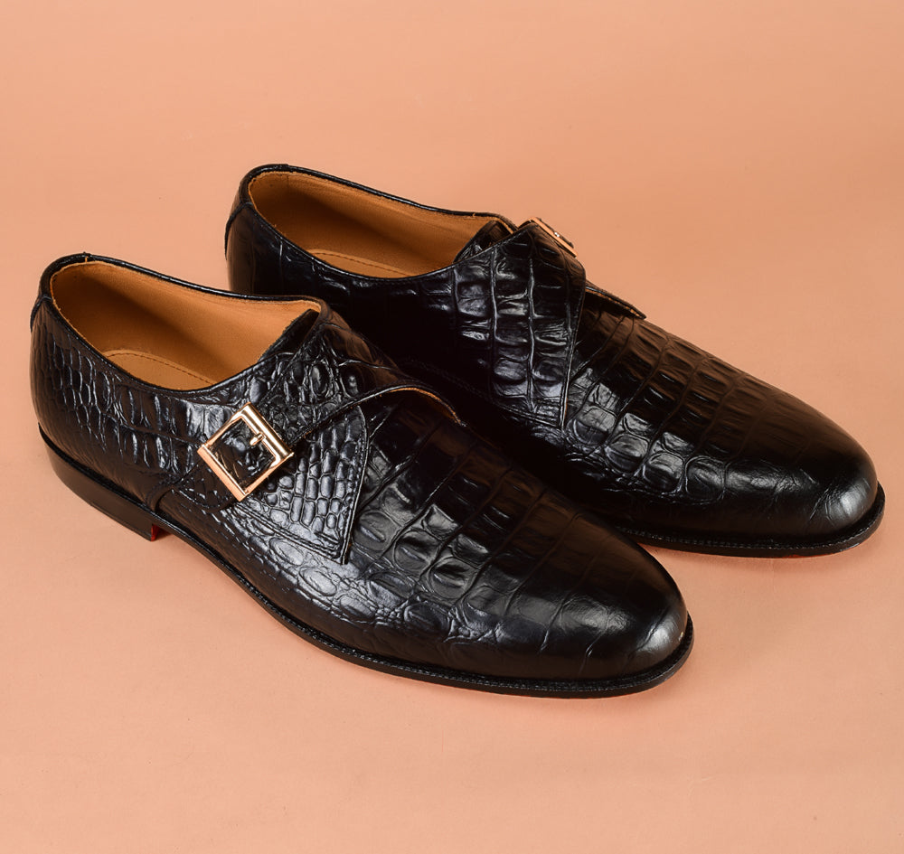 Christian louboutin Black Crocodile-Embossed Single Monk-Strap Shoes for Men | Handcrafted Calfskin Leather