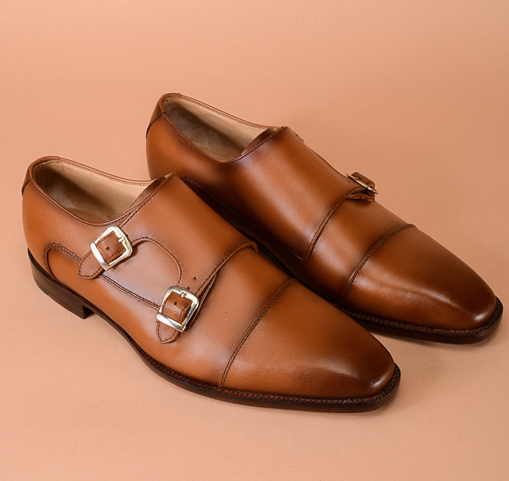 Light Tan Patina Double Monk-Straps Shoes