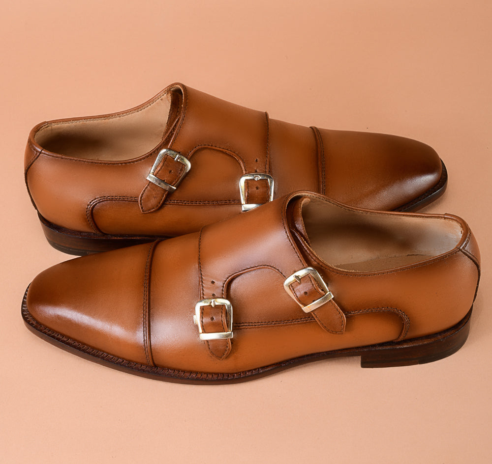 Light Tan Patina Double Monk-Straps Shoes