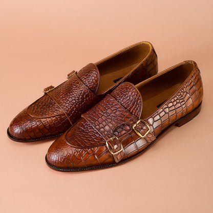 Christian louboutin Brown Crocodile-Embossed Monk Loafers for Men | Handcrafted Calfskin Leather