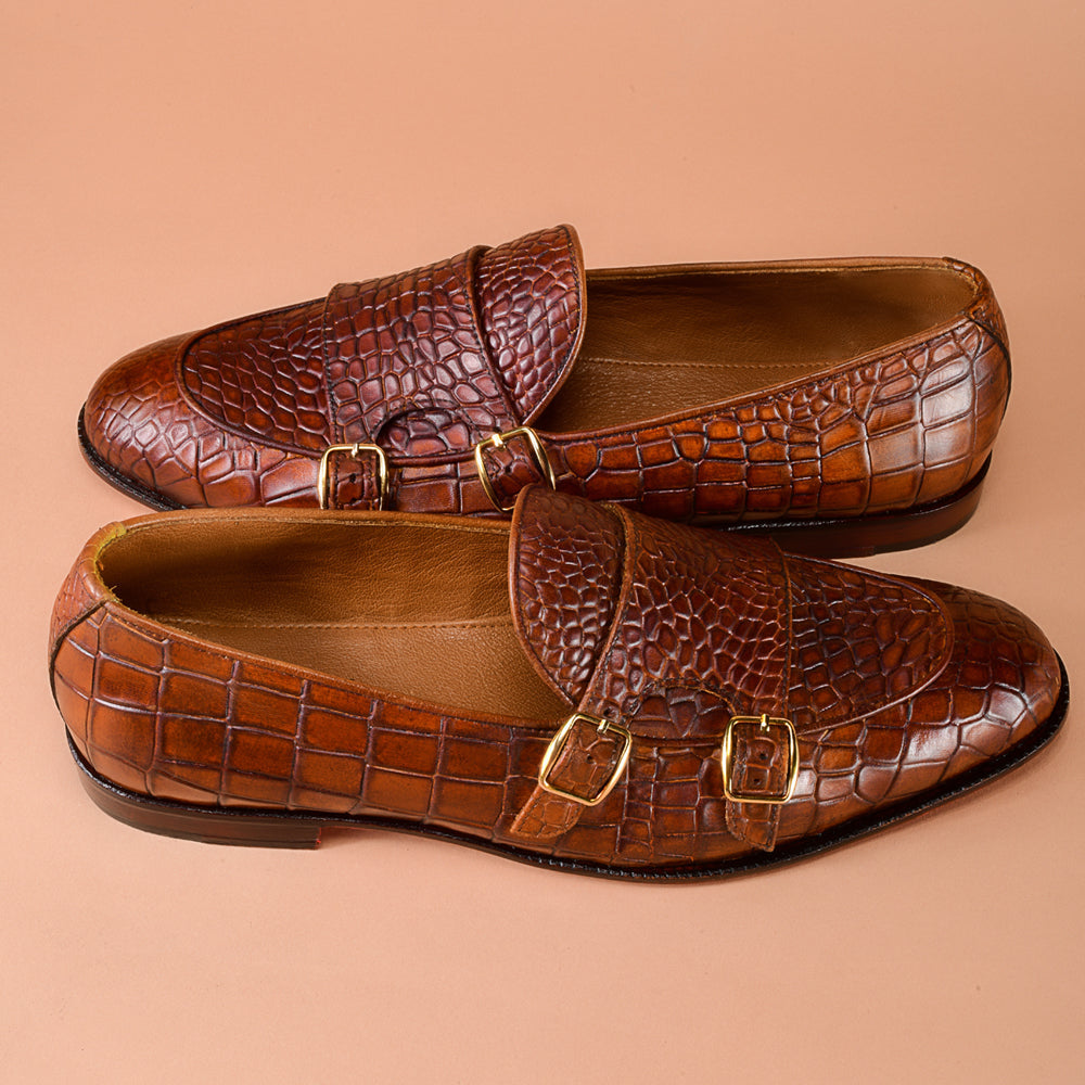 Christian louboutin Brown Crocodile-Embossed Monk Loafers for Men | Handcrafted Calfskin Leather