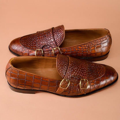 Christian louboutin Brown Crocodile-Embossed Monk Loafers for Men | Handcrafted Calfskin Leather