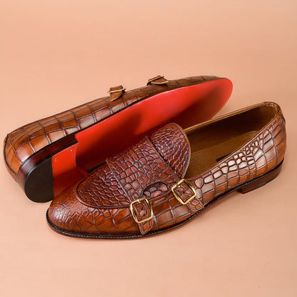 Christian louboutin Brown Crocodile-Embossed Monk Loafers for Men | Handcrafted Calfskin Leather