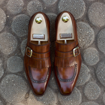 Buckle Loafers with Kiltie Fringe and Perforated Brogue Detailing in Brown