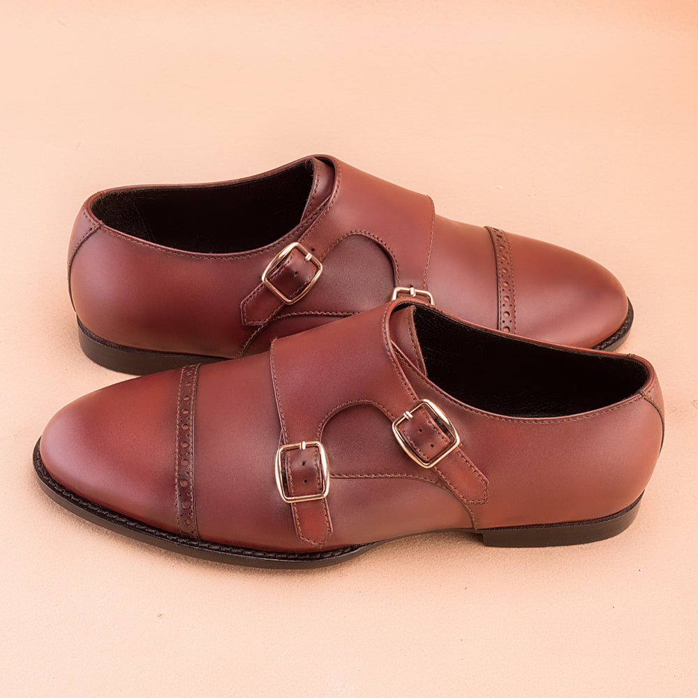 Burgundy Patina Double Monk-Strap Shoes