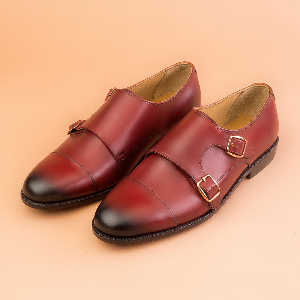 Mahroon Patina Double Monk-Strap Shoes