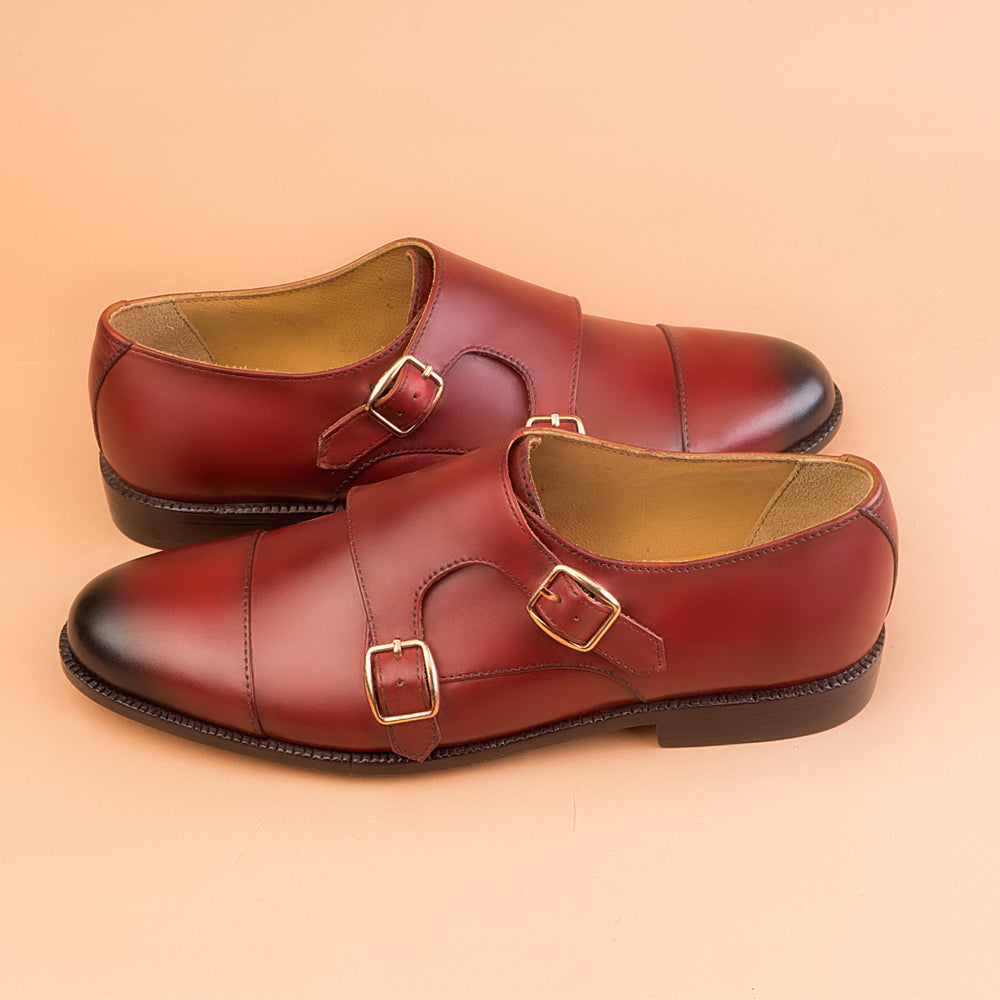 Mahroon Patina Double Monk-Strap Shoes
