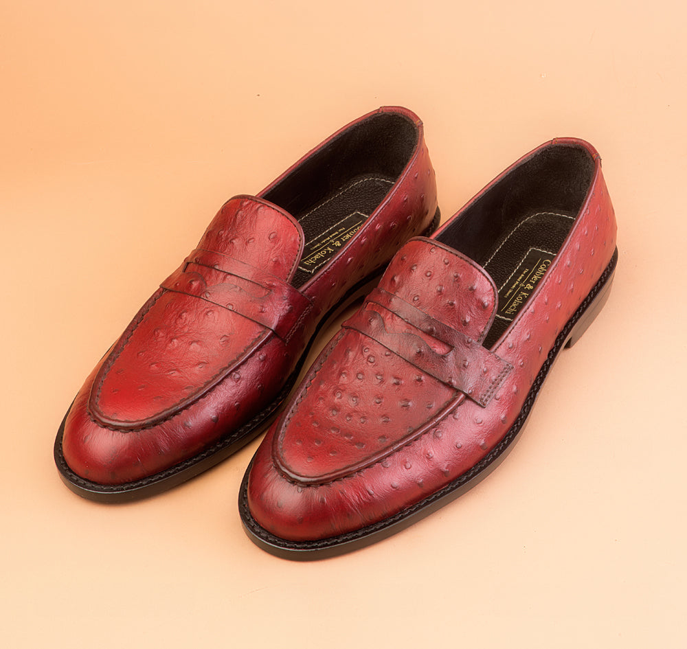 Burgundy Ostrich Embossed Loafers