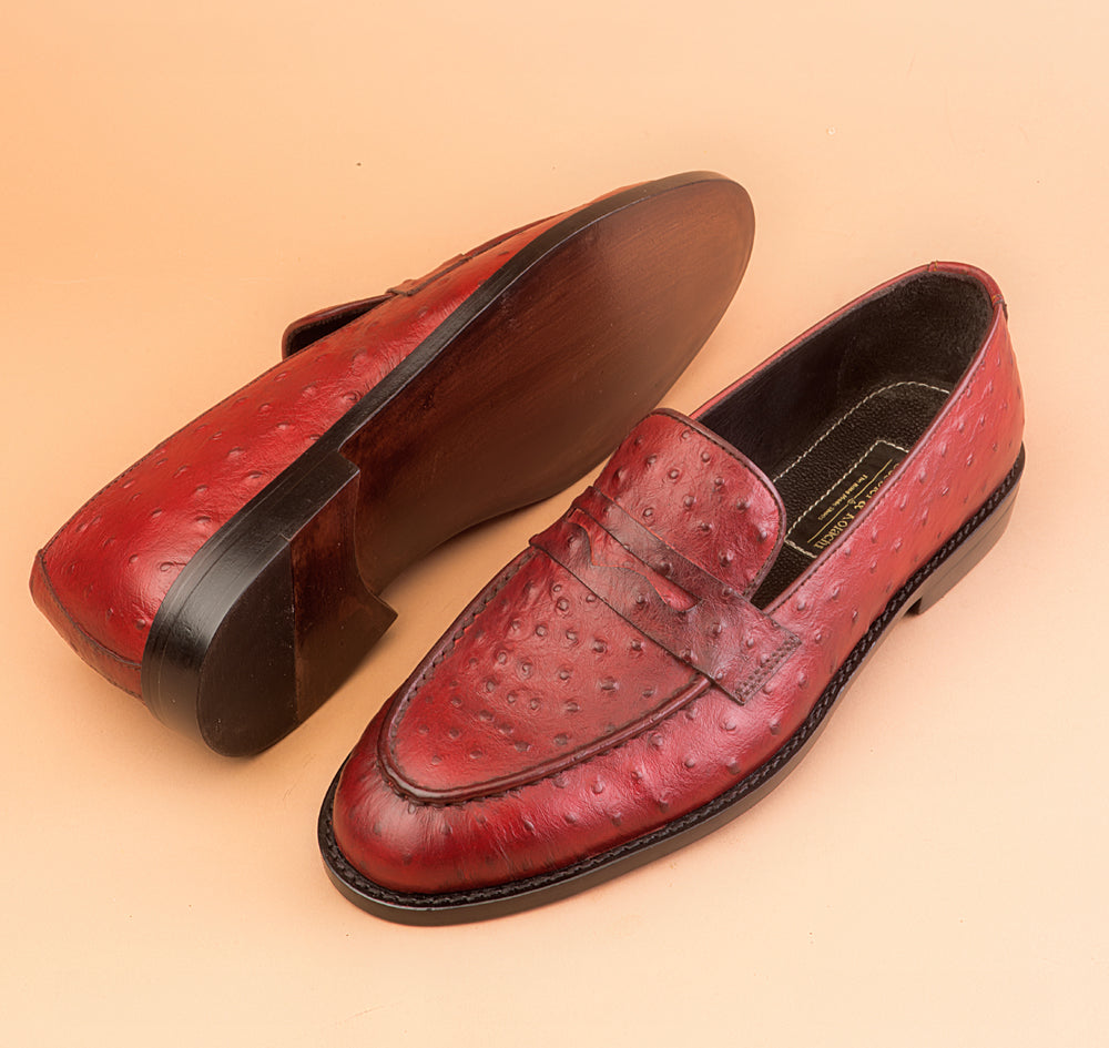 Burgundy Ostrich Embossed Loafers