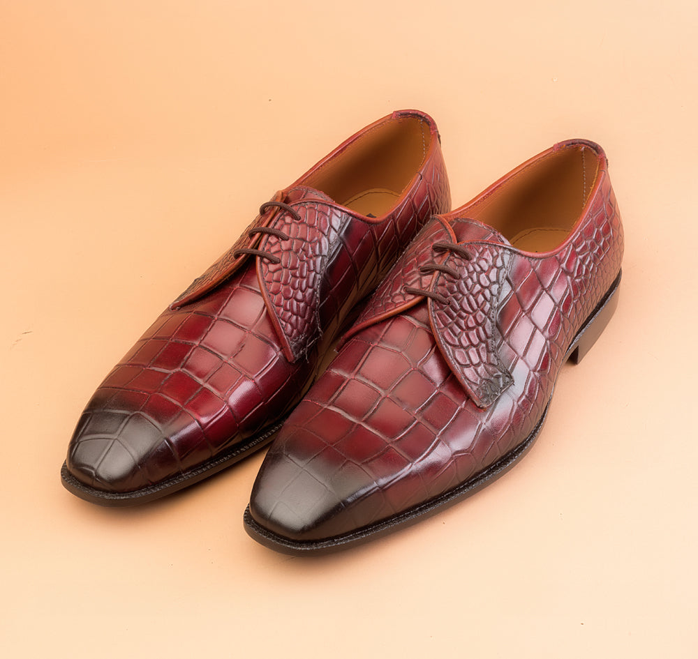 Classic Crocodile Embossed Red Wine Patina Derby