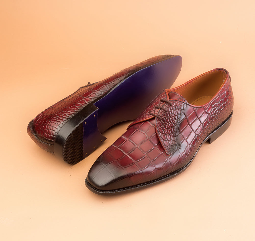 Classic Crocodile Embossed Red Wine Patina Derby