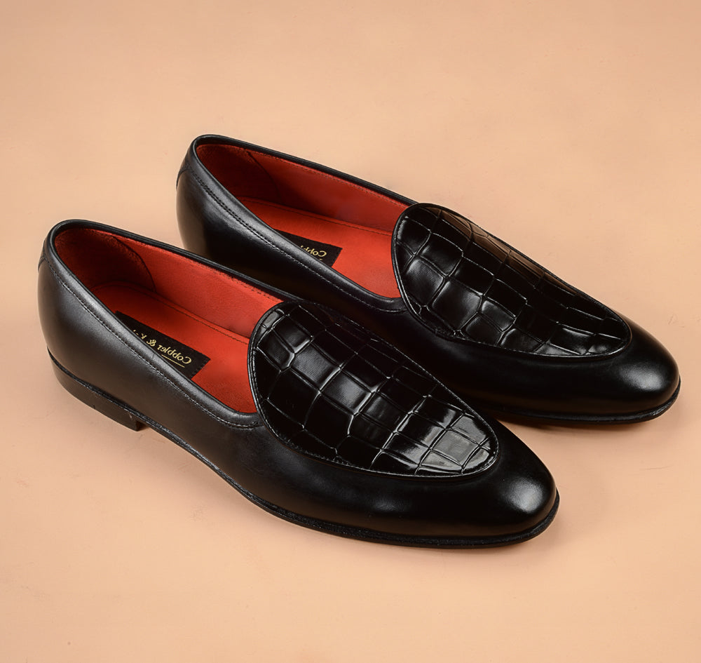 The Black Crocodile Embossed Vamp Belgian Loafer