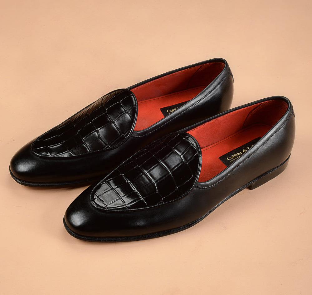 The Black Crocodile Embossed Vamp Belgian Loafer