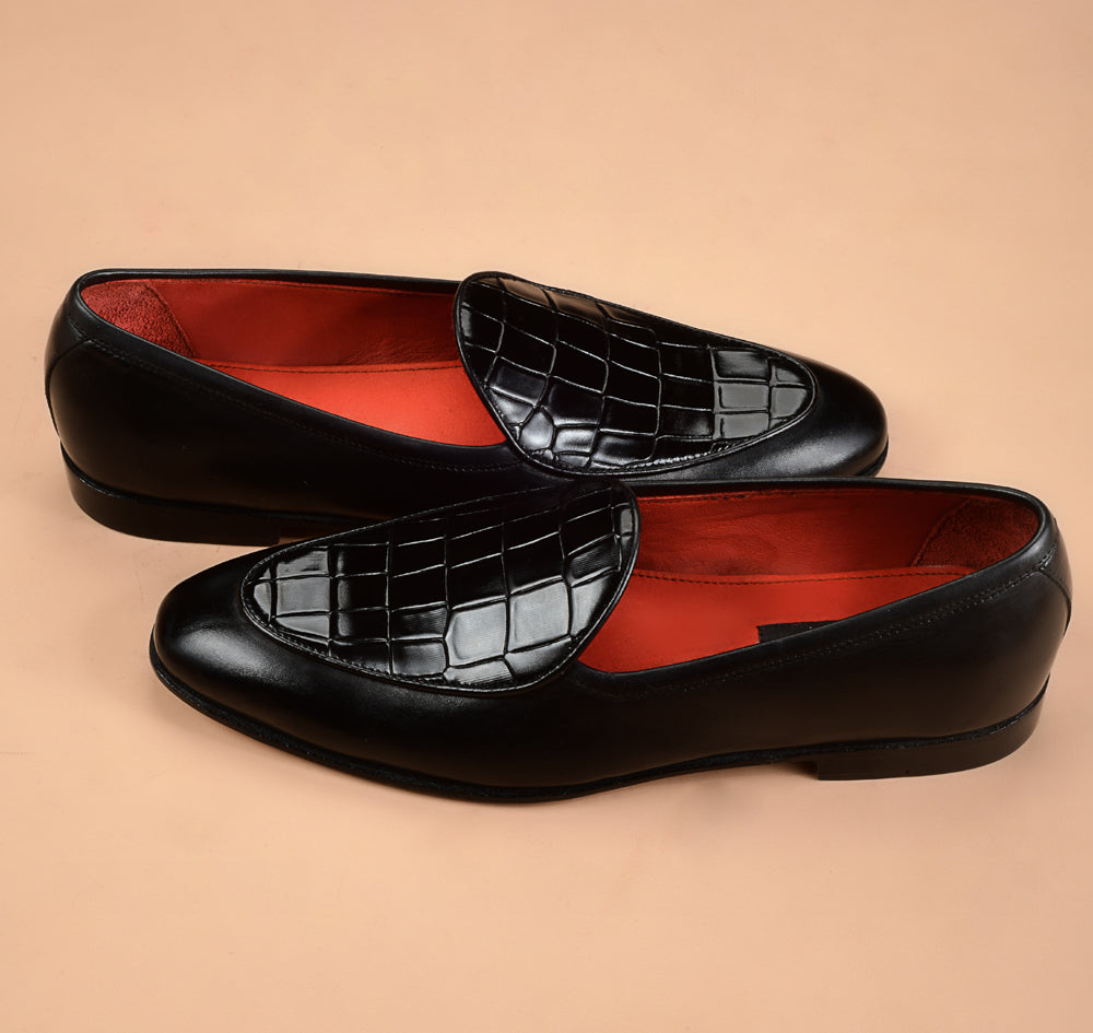 The Black Crocodile Embossed Vamp Belgian Loafer