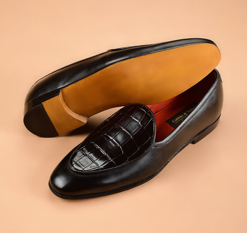 The Black Crocodile Embossed Vamp Belgian Loafer