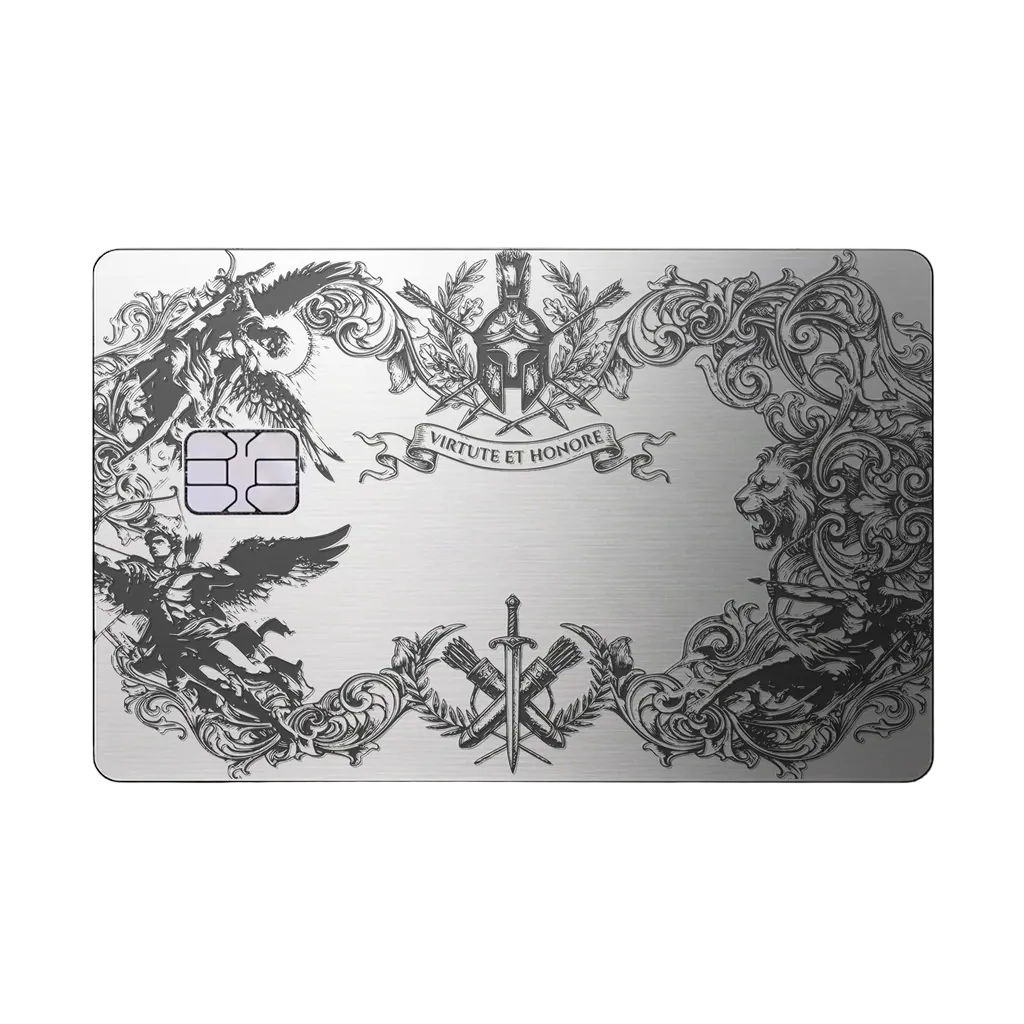 Dragon Emblem luxury metal card with ornate dragon artwork in brushed silver finish