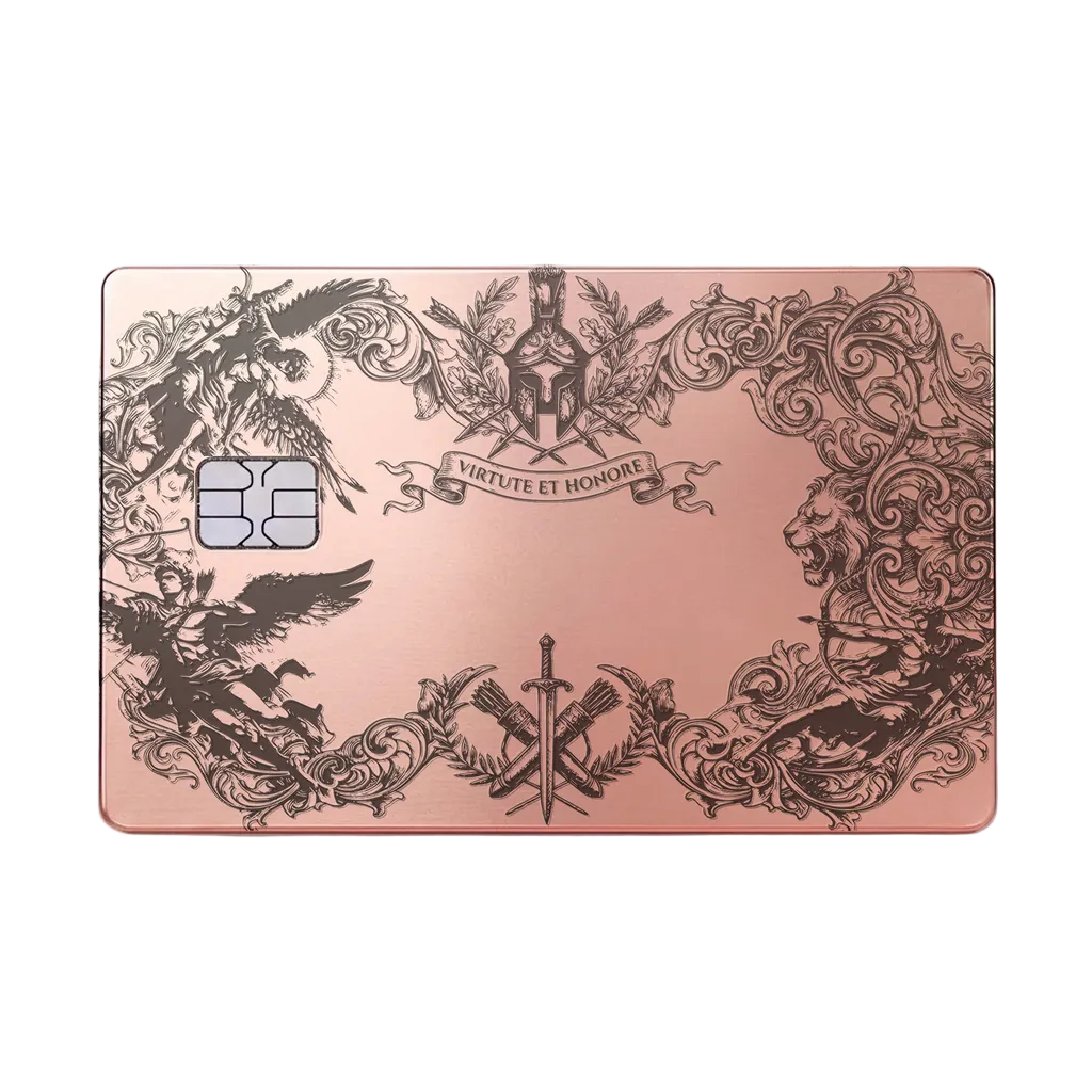 Dragon Emblem luxury metal card with ornate dragon artwork in glossy rose gold finish