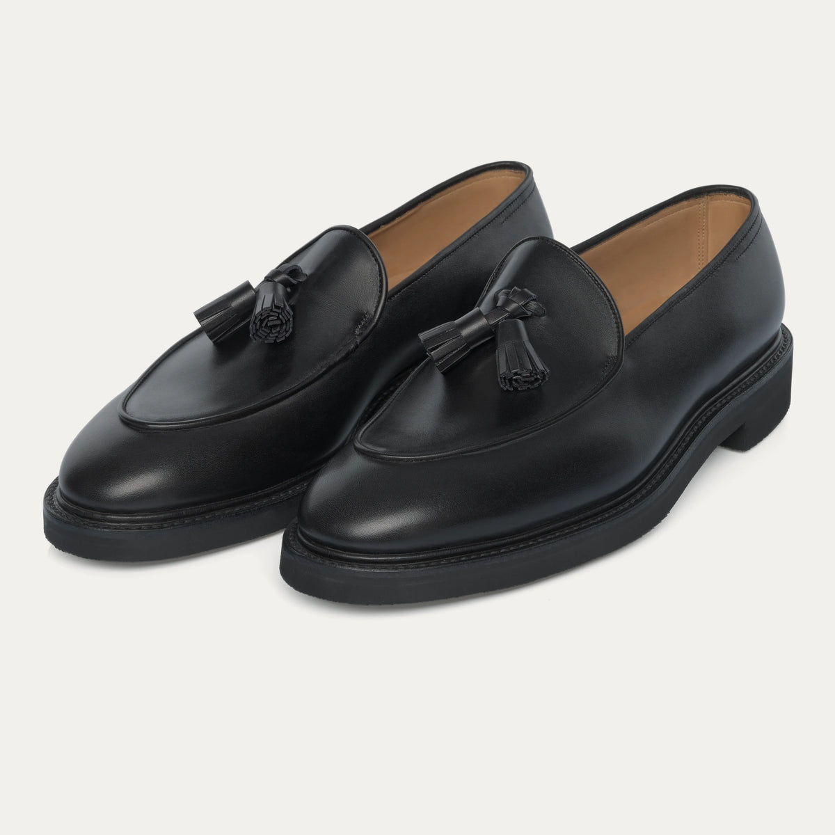 "Edmond" Leather Tassel Loafer with Hand-Stitched Apron in Black