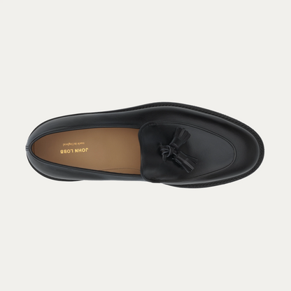 "Edmond" Leather Tassel Loafer with Hand-Stitched Apron in Black