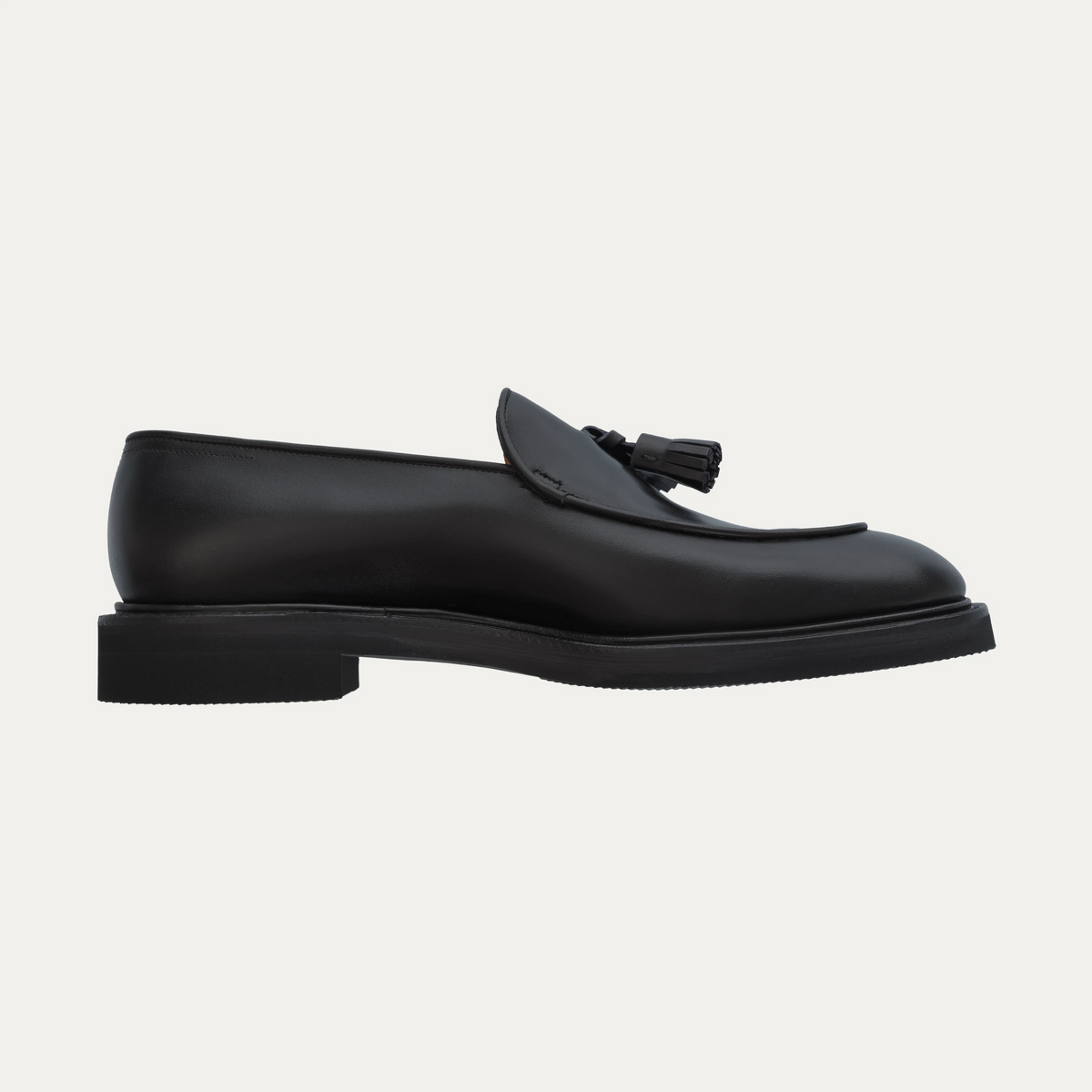 "Edmond" Leather Tassel Loafer with Hand-Stitched Apron in Black