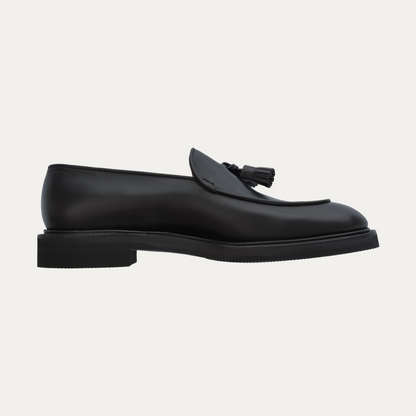 "Edmond" Leather Tassel Loafer with Hand-Stitched Apron in Black