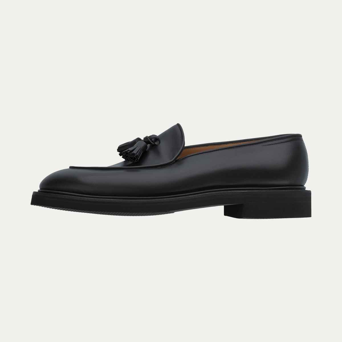 "Edmond" Leather Tassel Loafer with Hand-Stitched Apron in Black