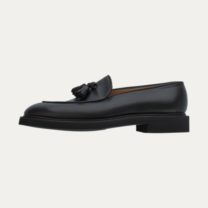 "Edmond" Leather Tassel Loafer with Hand-Stitched Apron in Black