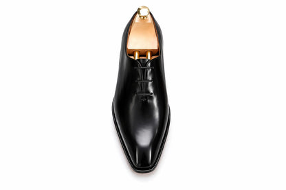 Black Wholecut Oxford Shoes — Handmade, Red Leather Sole | PelleVista