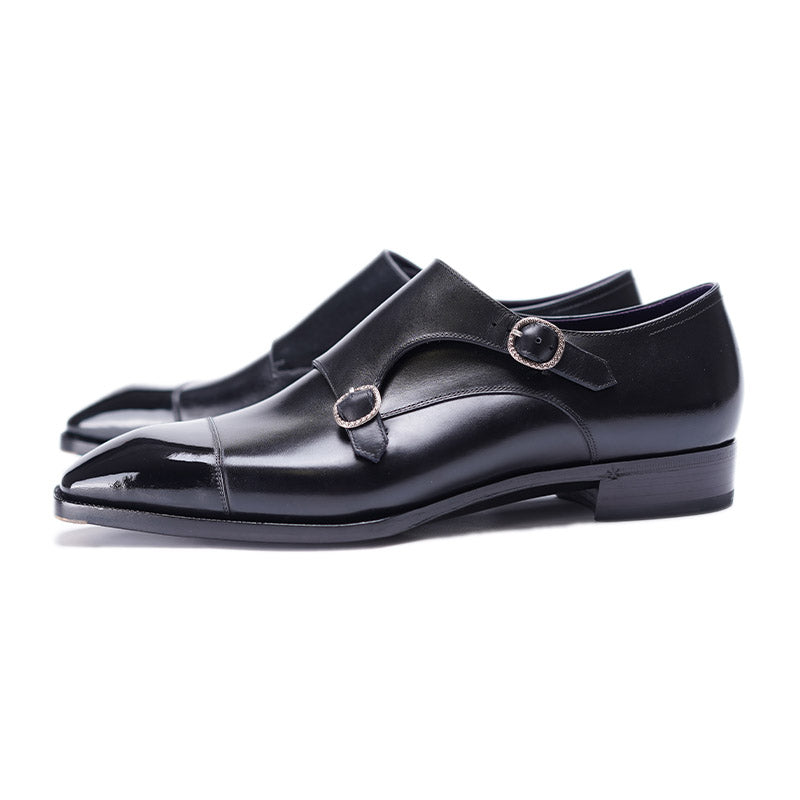 Ilcea box calf Double Monk Straps#Color_Black