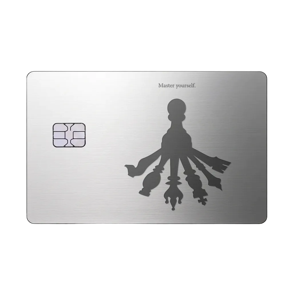 Master Yourself luxury metal card featuring a silhouette with multiple shadows in brushed silver finish