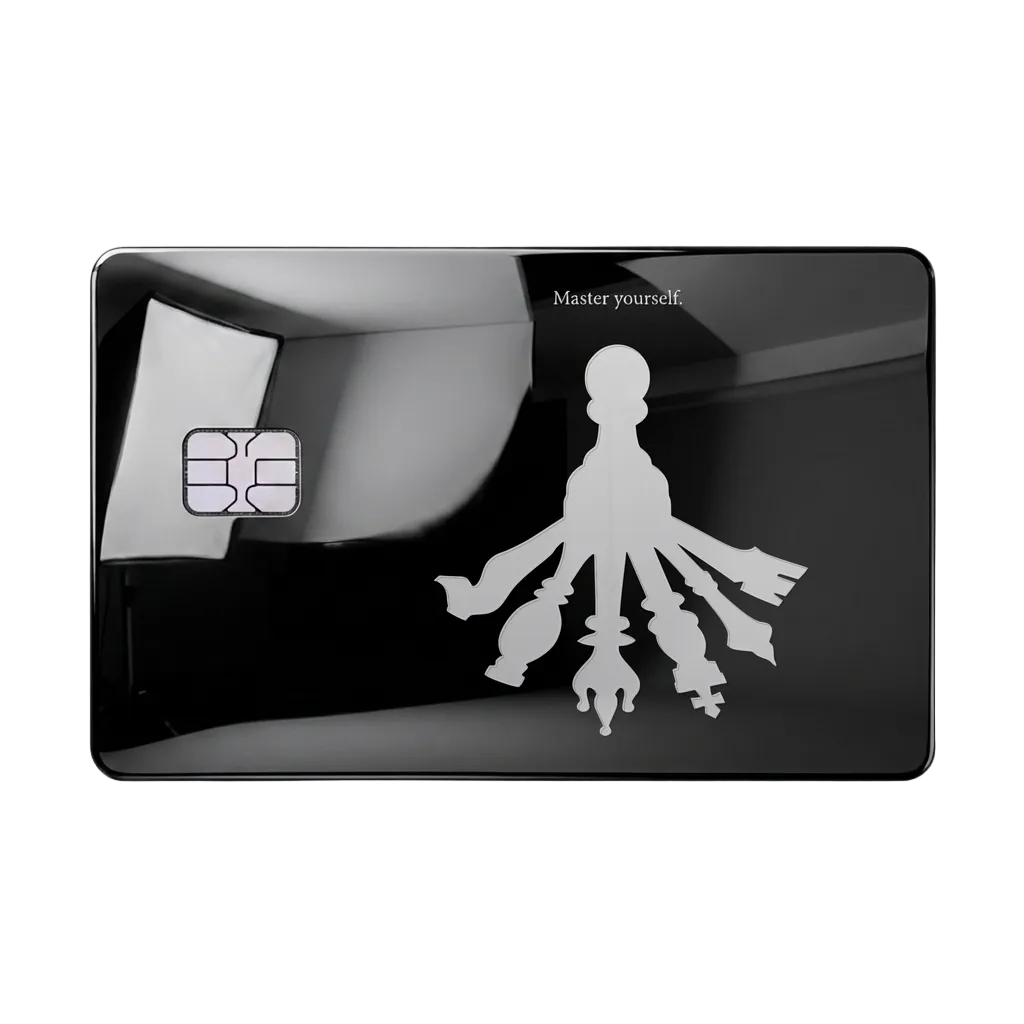 Master Yourself luxury metal card featuring a silhouette with multiple shadows in glossy black finish