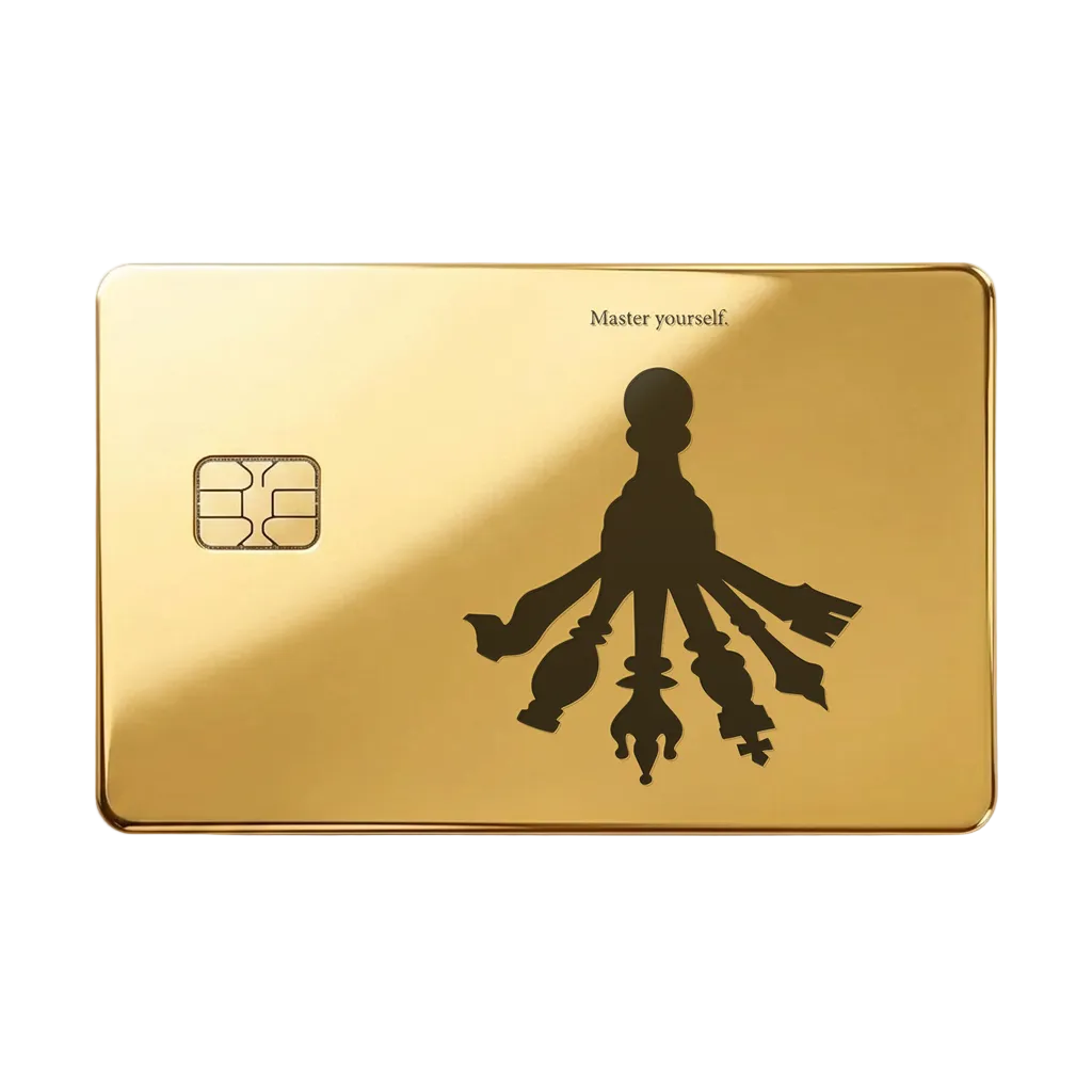 Master Yourself luxury metal card featuring a silhouette with multiple shadows in glossy gold finish