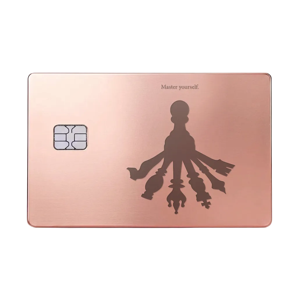 Master Yourself luxury metal card featuring a silhouette with multiple shadows in glossy rose gold finish